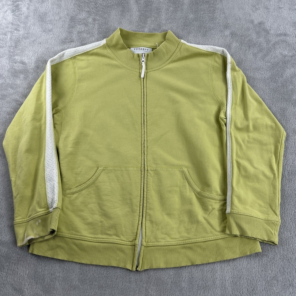 Villager Liz Claiborne Womens L Zip Track Jacket Green Stripe Y2K Cotton Sporty